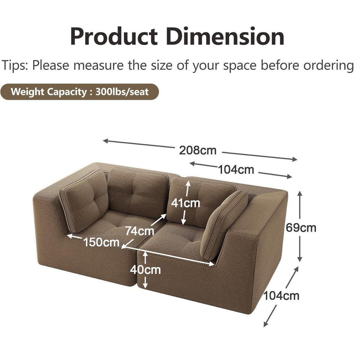 Modulares Ecksofa Braun – 2-Sitzer Cordstoff Couch ohne Aufbau