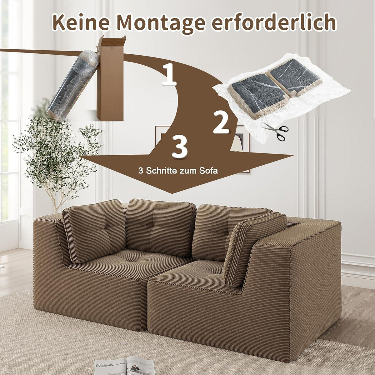 Modulares Ecksofa Braun – 2-Sitzer Cordstoff Couch ohne Aufbau