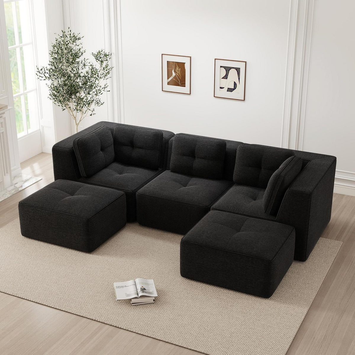 Modulares Ecksofa mit Fußhocker, Cordstoff, Schwarz