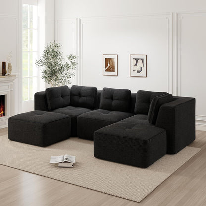 Modulares Ecksofa mit Fußhocker, Cordstoff, Schwarz