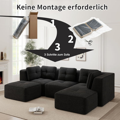 Modulares Ecksofa mit Fußhocker, Cordstoff, Schwarz