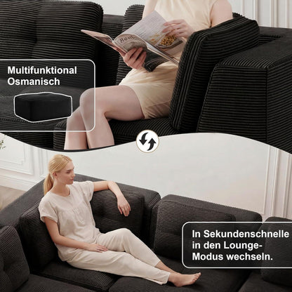 Modulares Ecksofa mit Fußhocker, Cordstoff, Schwarz