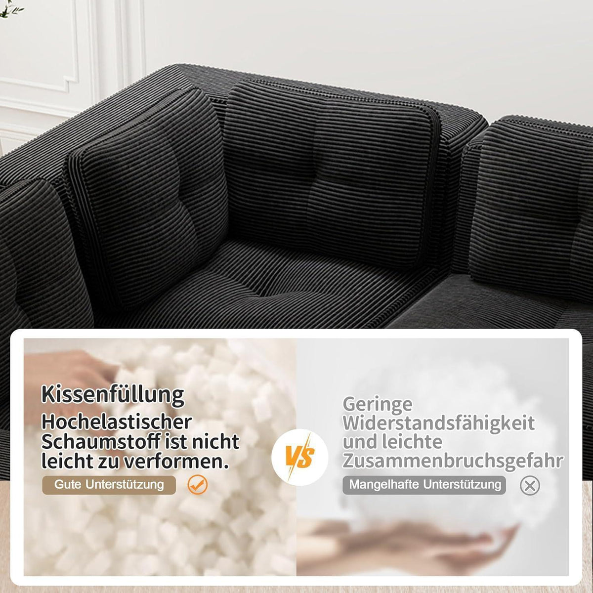 Modulares Ecksofa mit Fußhocker, Cordstoff, Schwarz