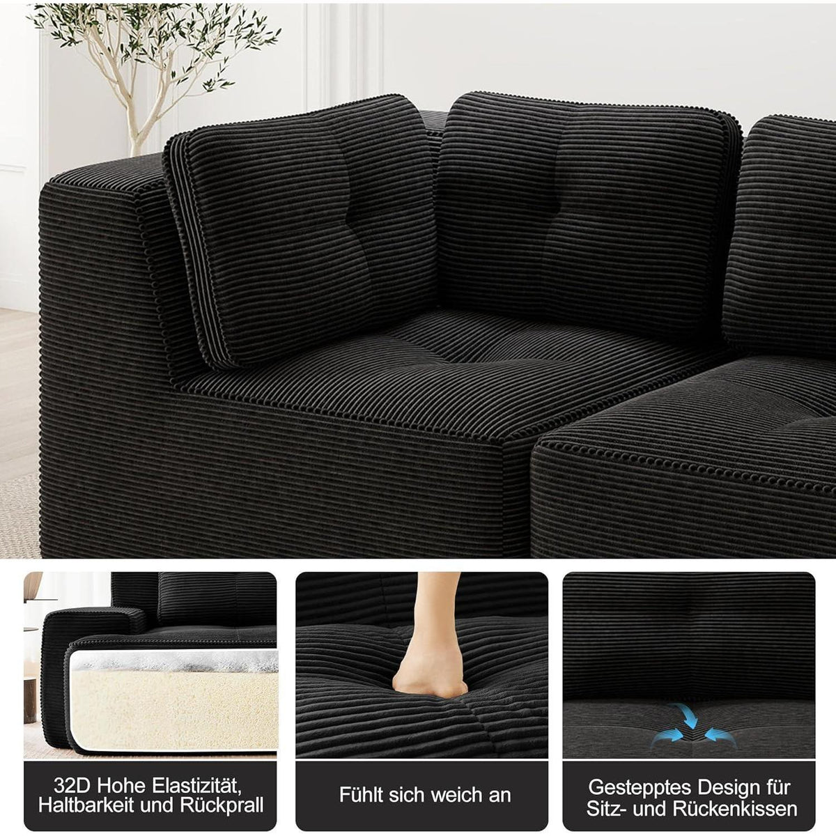 Modulares Ecksofa mit Fußhocker, Cordstoff, Schwarz