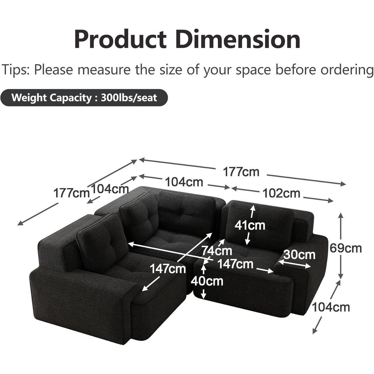 Modulares Ecksofa Schwarz 177x177 cm – Cordstoff & Boneless