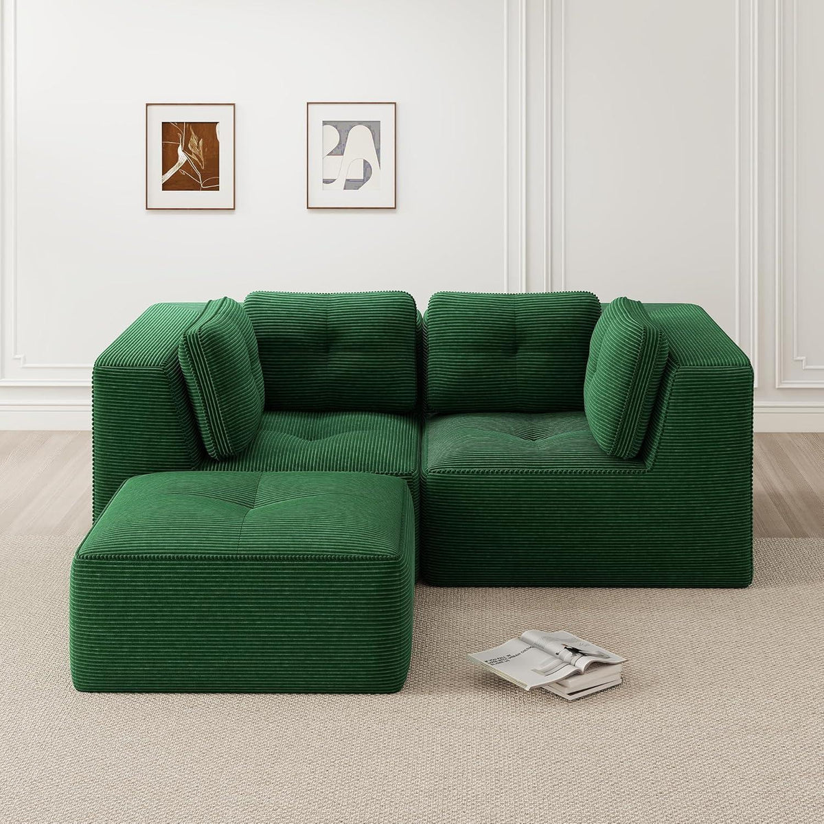Modulares Ecksofa Grün 2-Sitzer + Fußhocker, Cordstoff, Ohne Montage