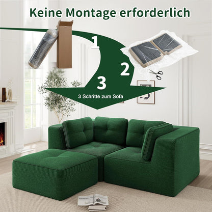 Modulares Ecksofa Grün 2-Sitzer + Fußhocker, Cordstoff, Ohne Montage