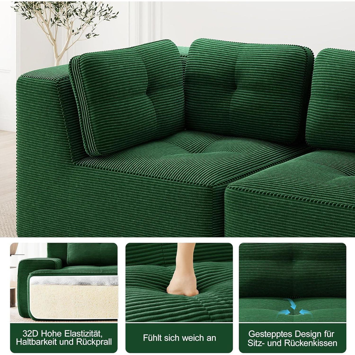 Modulares Ecksofa Grün 2-Sitzer + Fußhocker, Cordstoff, Ohne Montage