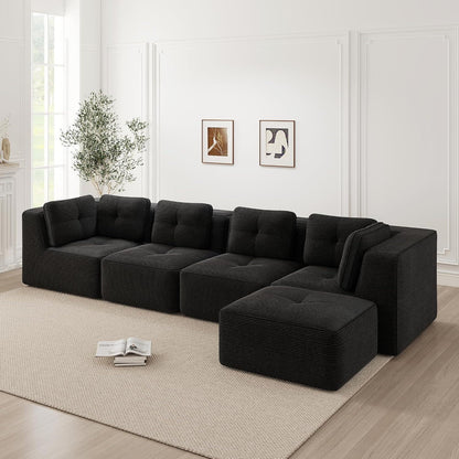 Modulares Ecksofa 4-Sitzer mit Fußhocker, Cordstoff, Schwarz