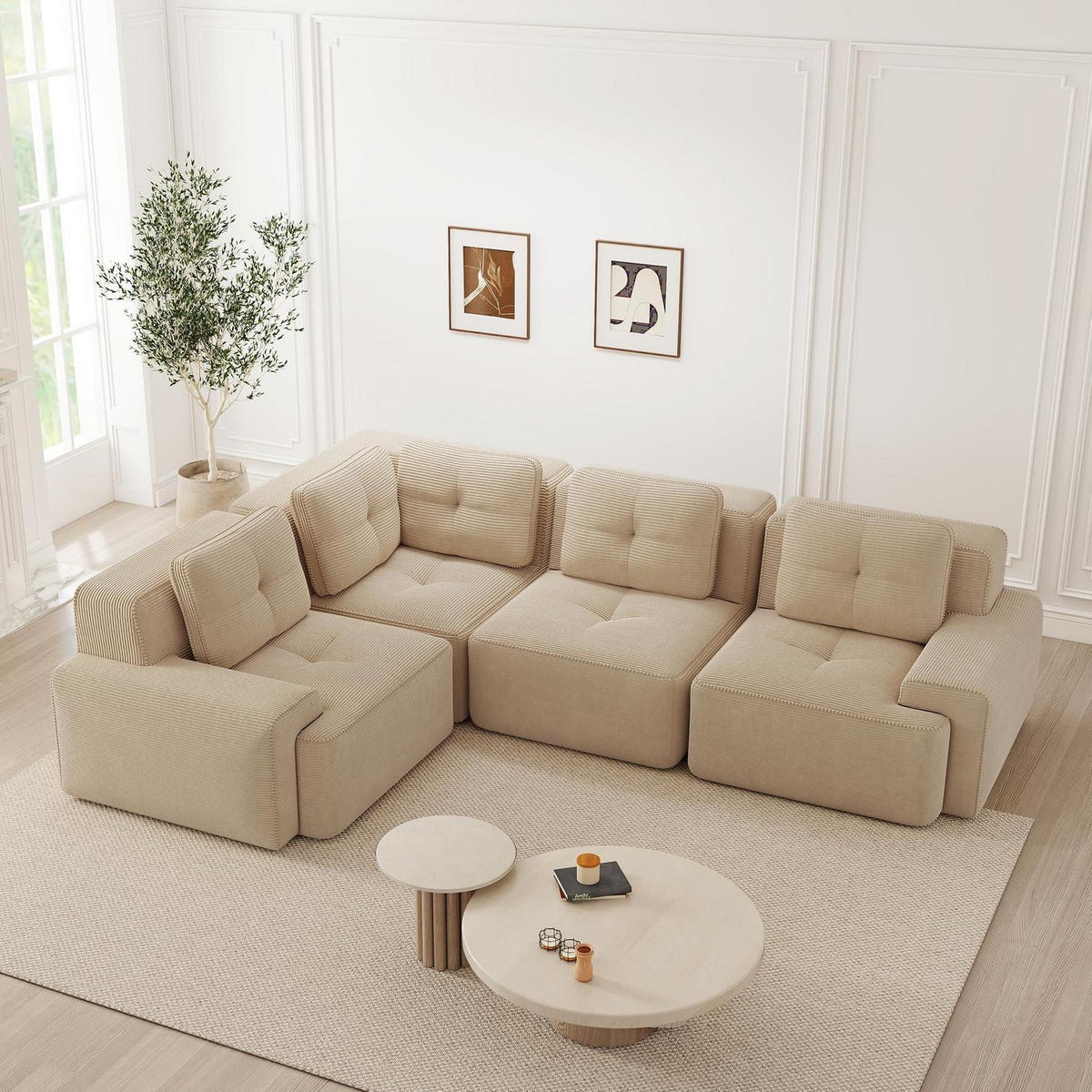 Modulares Ecksofa Beige, 177x382 cm, Cordstoff, Boneless
