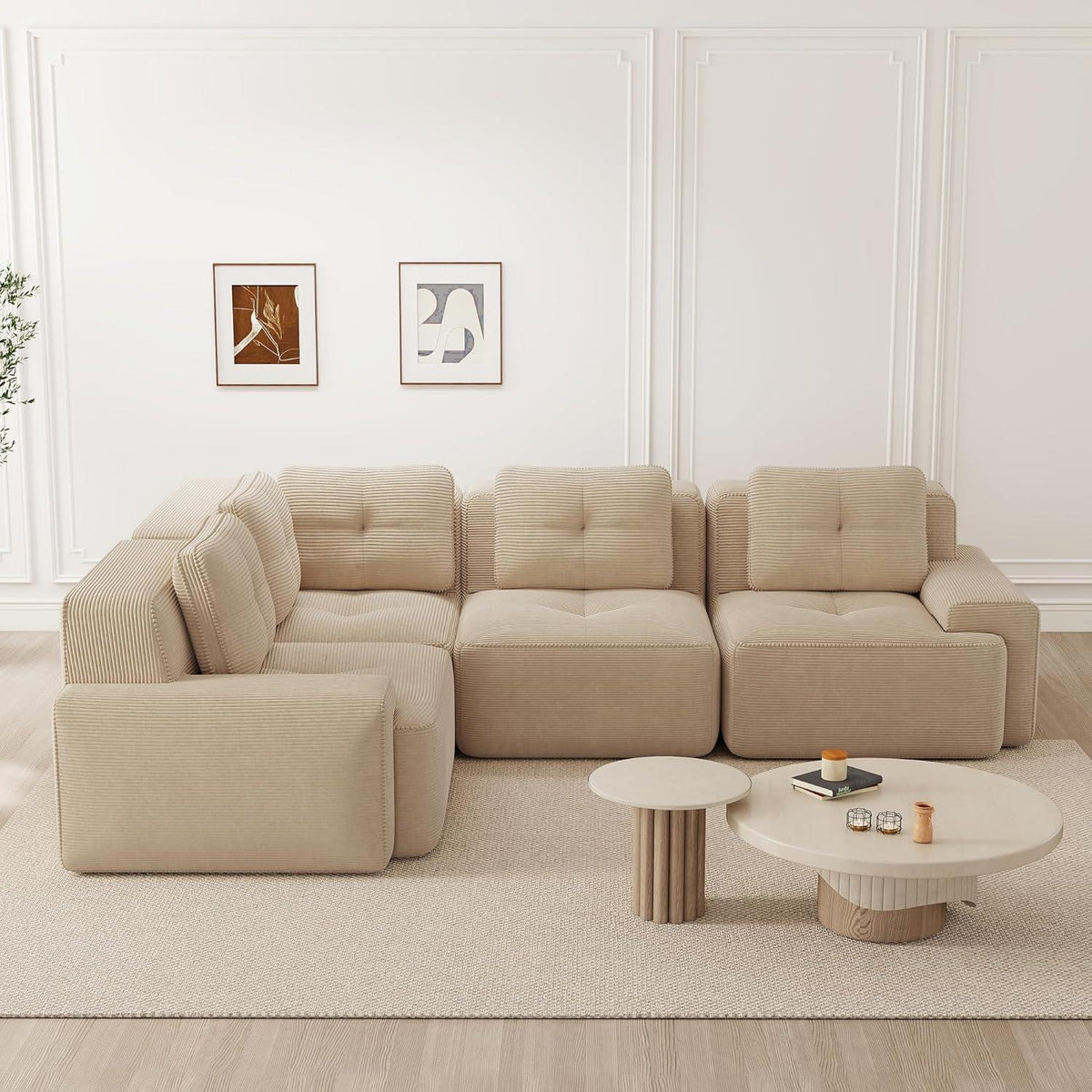 Modulares Ecksofa Beige, 177x382 cm, Cordstoff, Boneless