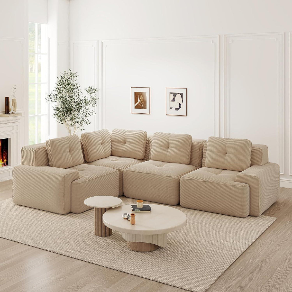 Modulares Ecksofa Beige, 177x382 cm, Cordstoff, Boneless