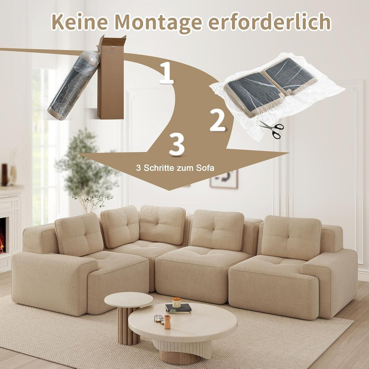 Modulares Ecksofa Beige, 177x382 cm, Cordstoff, Boneless