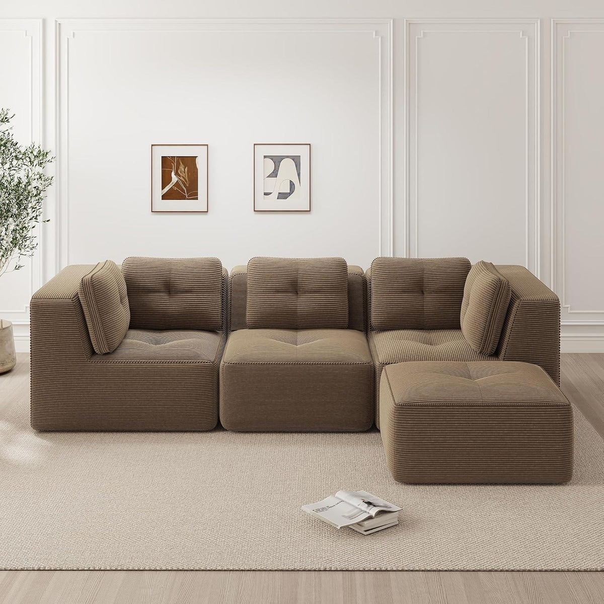 Modulares Ecksofa 3-Sitzer mit Fußhocker, Braun