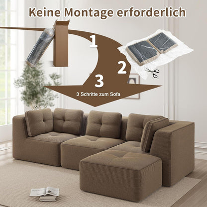 Modulares Ecksofa 3-Sitzer mit Fußhocker, Braun