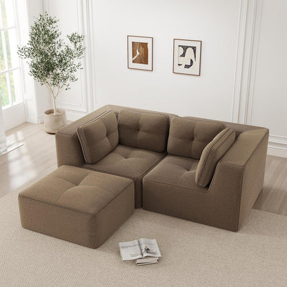 Modulares Ecksofa Braun, 2-Sitzer + Fußhocker, Cordstoff, Ohne Montage