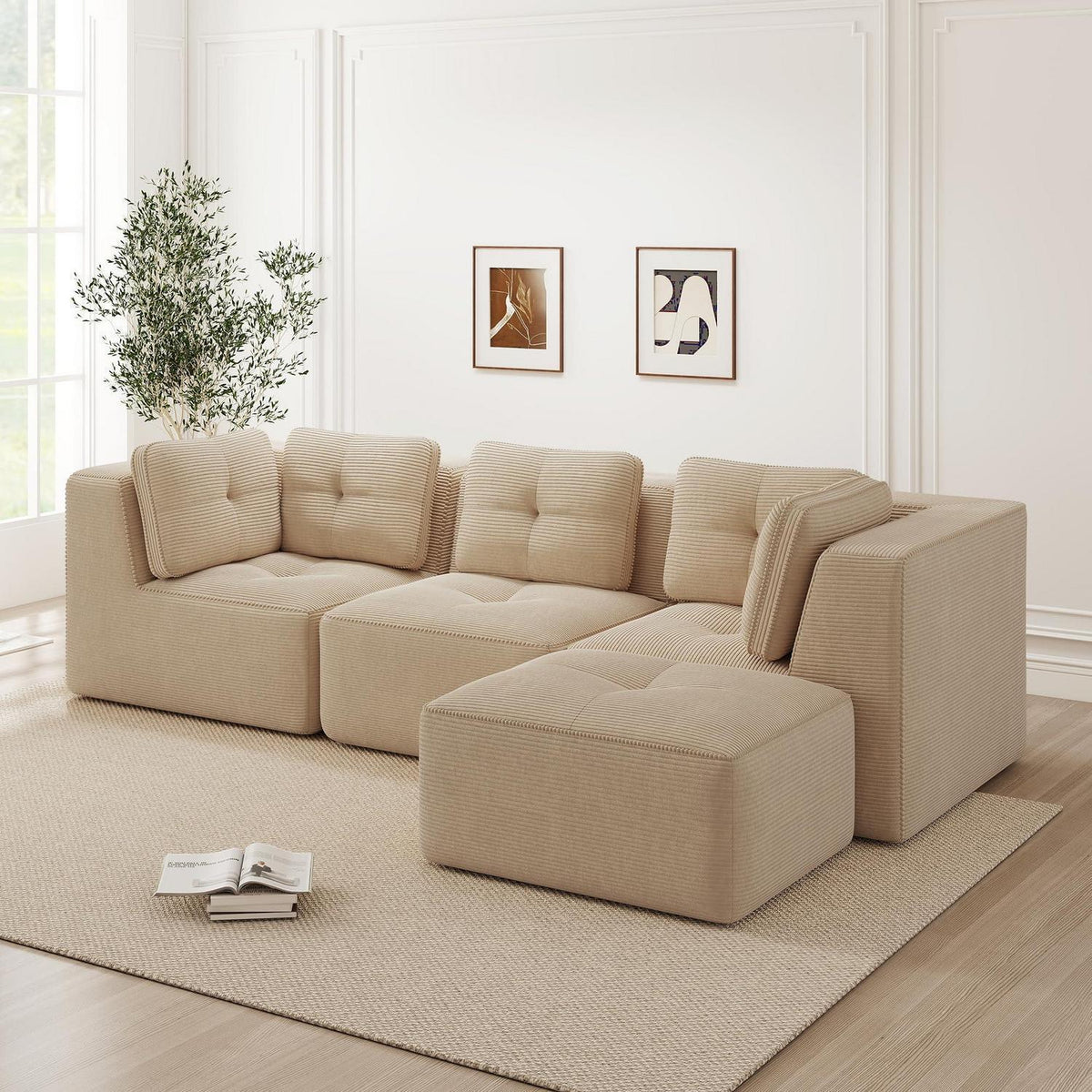 Modulares Ecksofa 3-Sitzer mit Fußhocker, Beige Cordstoff