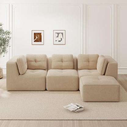 Modulares Ecksofa 3-Sitzer mit Fußhocker, Beige Cordstoff