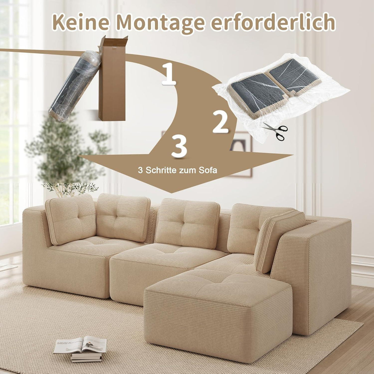 Modulares Ecksofa 3-Sitzer mit Fußhocker, Beige Cordstoff