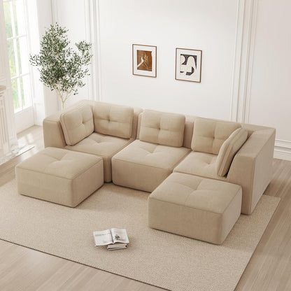 Modulares Cord-Ecksofa 3-Sitzer mit Fußhocker, Beige