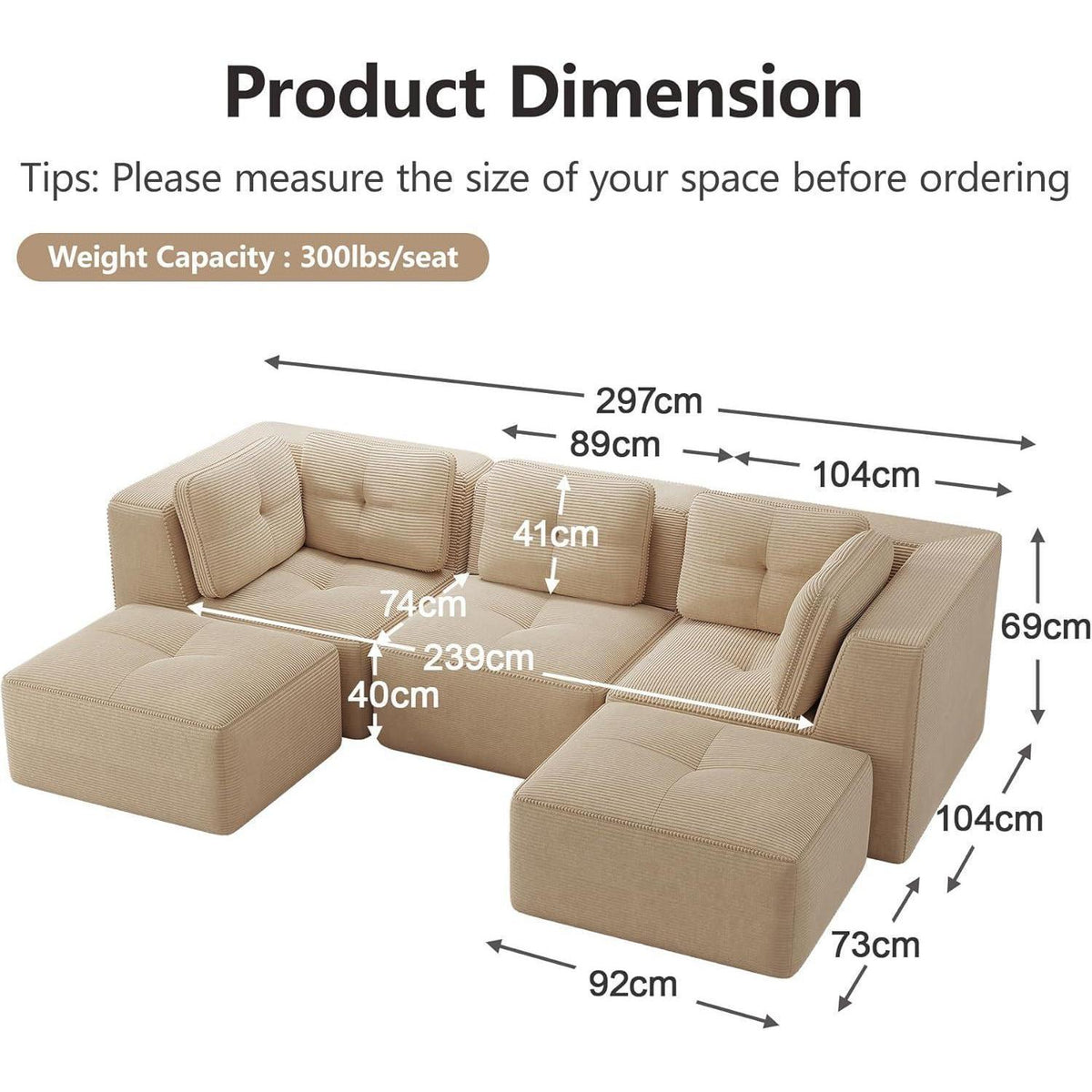 Modulares Cord-Ecksofa 3-Sitzer mit Fußhocker, Beige