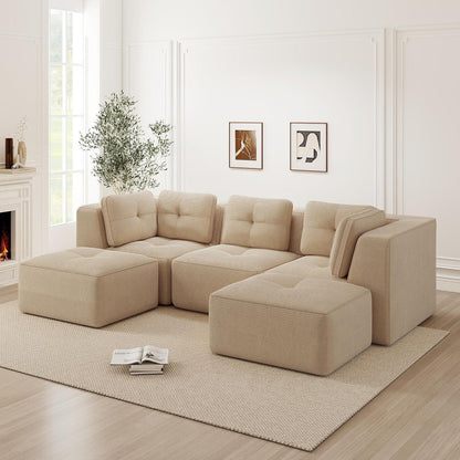 Modulares Cord-Ecksofa 3-Sitzer mit Fußhocker, Beige