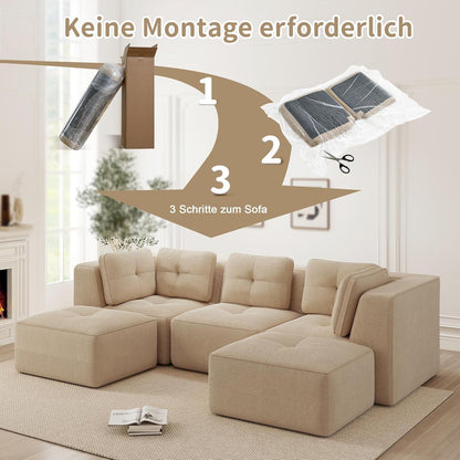 Modulares Cord-Ecksofa 3-Sitzer mit Fußhocker, Beige