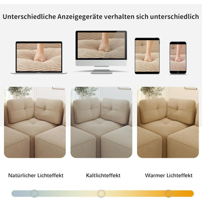 Modulares Cord-Ecksofa 3-Sitzer mit Fußhocker, Beige