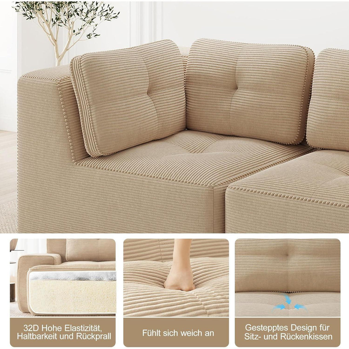 Modulares Cord-Ecksofa 3-Sitzer mit Fußhocker, Beige