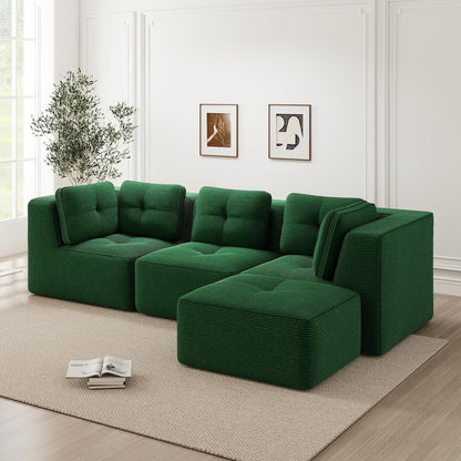 Modulares Ecksofa Grün 3-Sitzer mit Fußhocker – Cordstoff, Ohne Montage