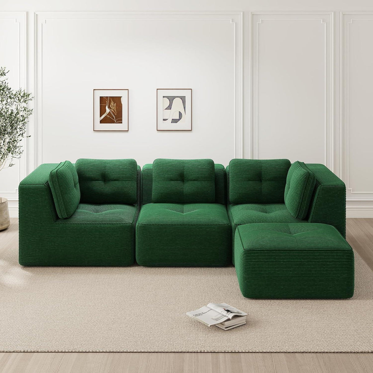 Modulares Ecksofa Grün 3-Sitzer mit Fußhocker – Cordstoff, Ohne Montage