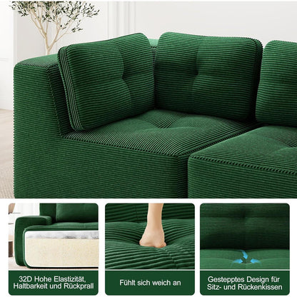 Modulares Ecksofa Grün 3-Sitzer mit Fußhocker – Cordstoff, Ohne Montage