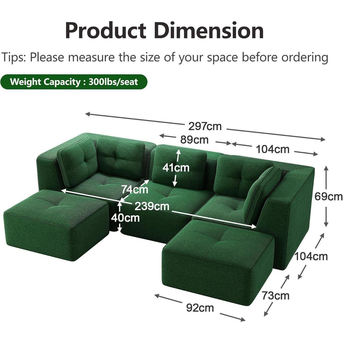 Modulares Ecksofa Grün 3-Sitzer mit Fußhocker & Cordstoff