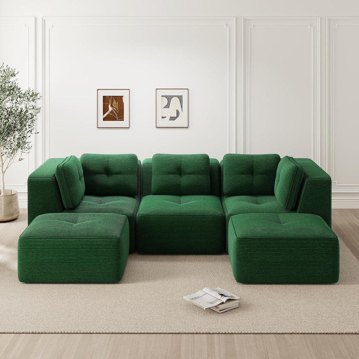 Modulares Ecksofa Grün 3-Sitzer mit Fußhocker & Cordstoff