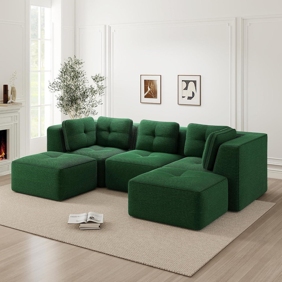 Modulares Ecksofa Grün 3-Sitzer mit Fußhocker & Cordstoff