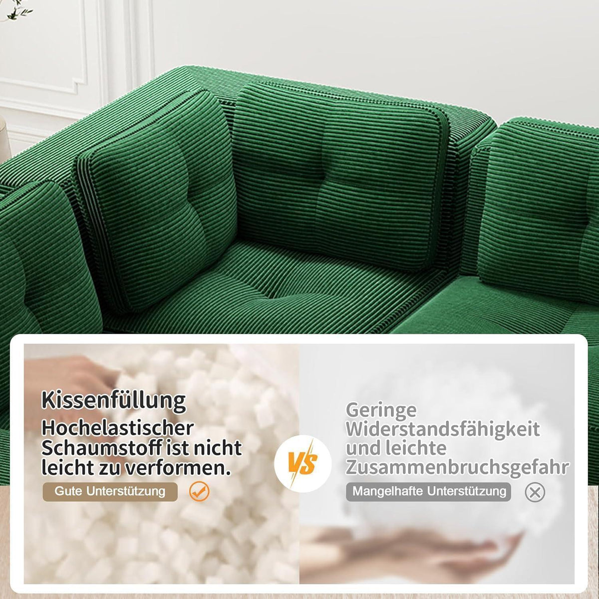 Modulares Ecksofa Grün 3-Sitzer mit Fußhocker & Cordstoff