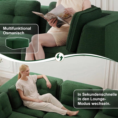 Modulares Ecksofa Grün 3-Sitzer mit Fußhocker & Cordstoff