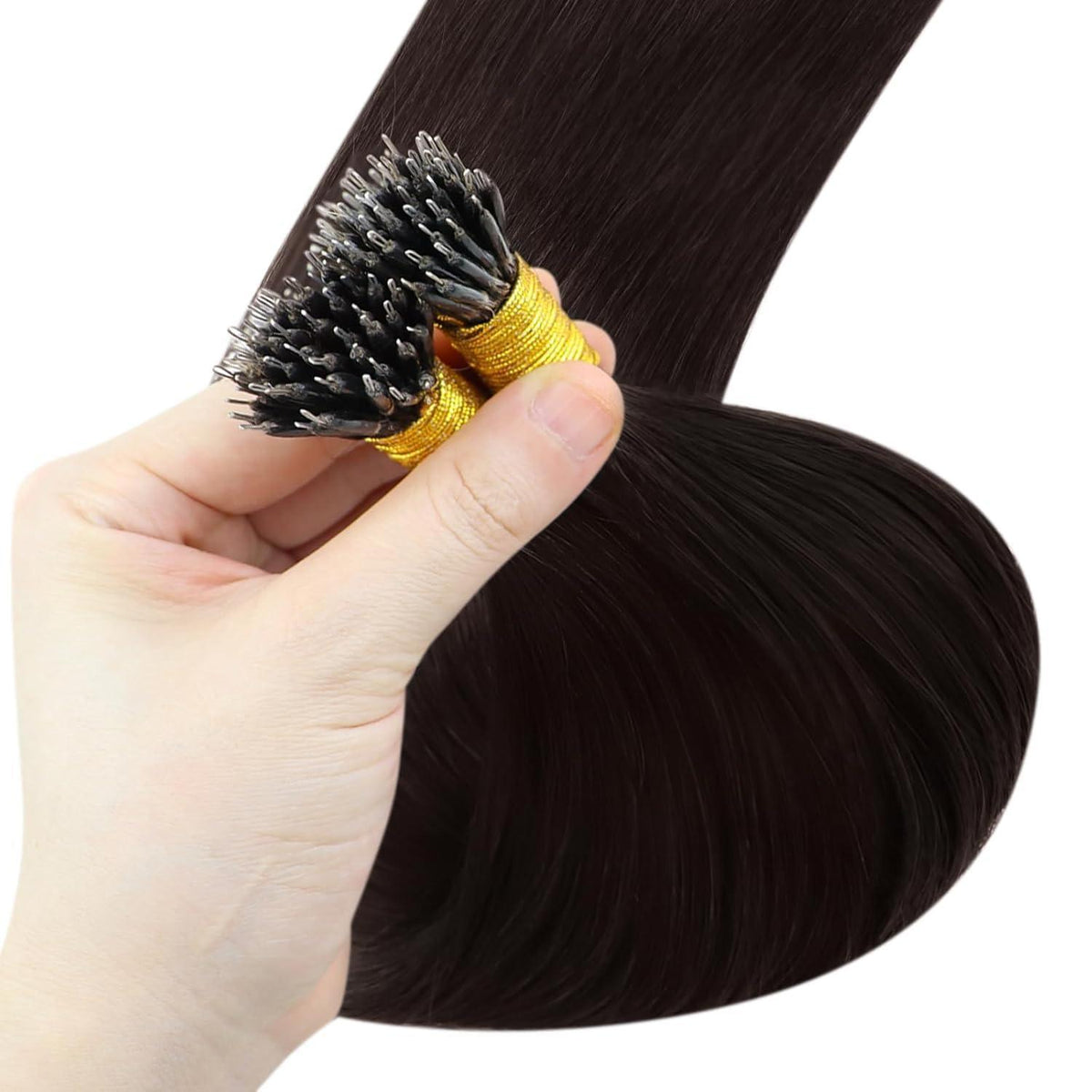 Dunkelbraune Echthaar Nanoring Extensions – 50cm
