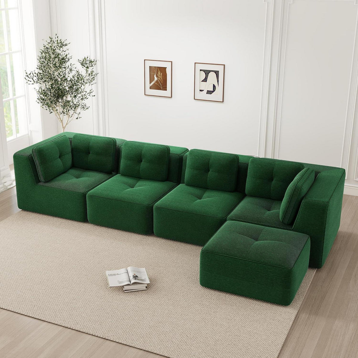 Modulares Ecksofa 4-Sitzer Grün mit Fußhocker & Cordstoff