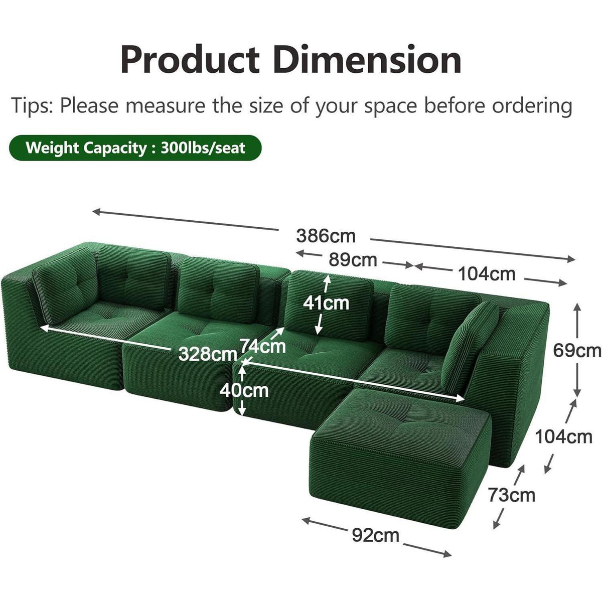 Modulares Ecksofa 4-Sitzer Grün mit Fußhocker & Cordstoff