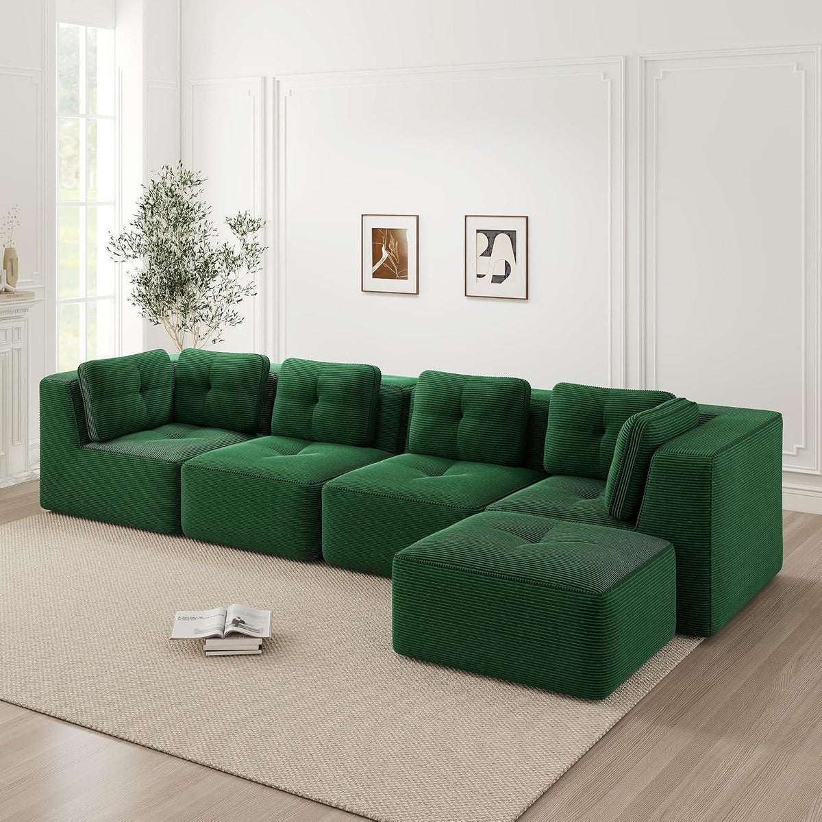 Modulares Ecksofa 4-Sitzer Grün mit Fußhocker & Cordstoff