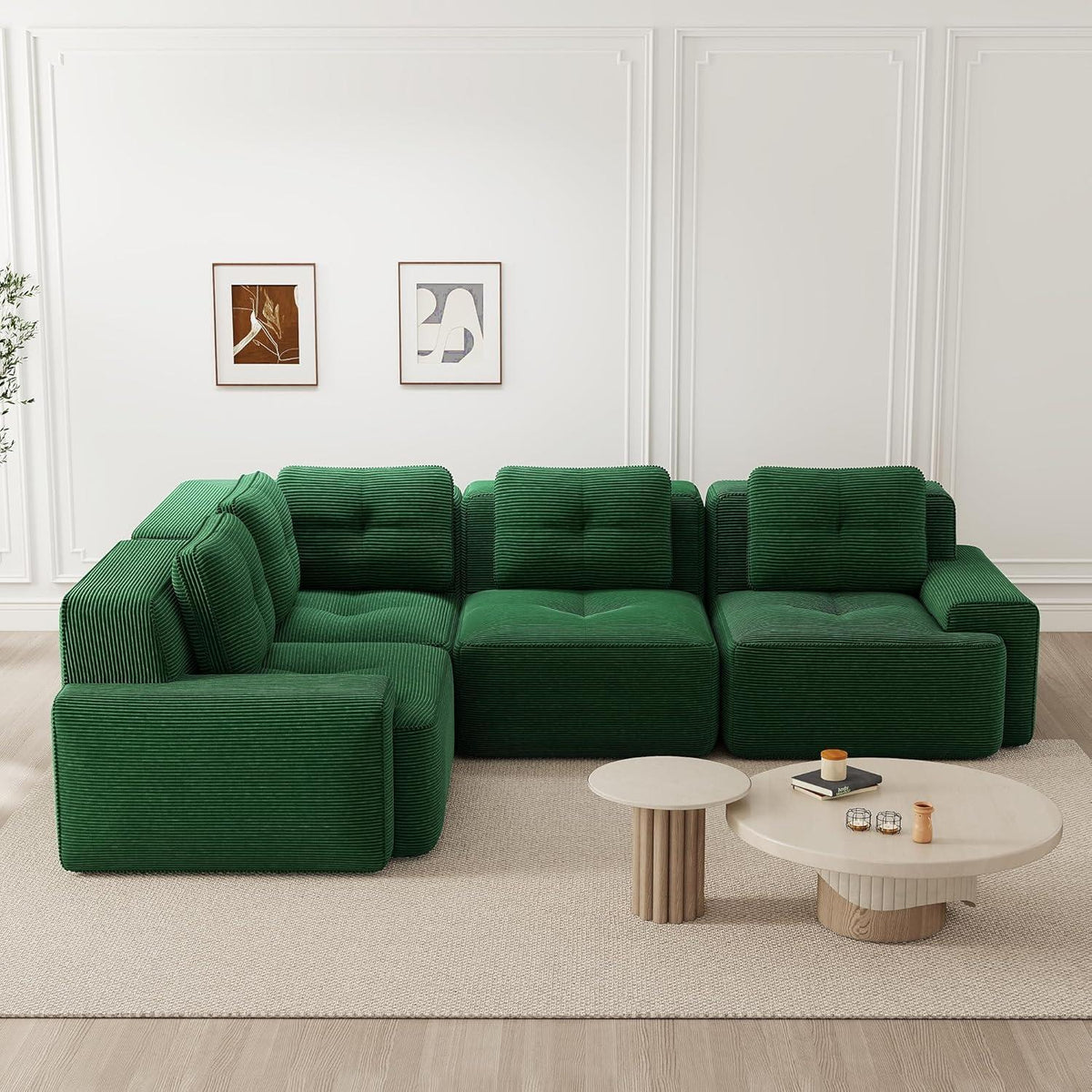 Grünes Ecksofa modular, 177x382 cm, Cordstoff, Boneless