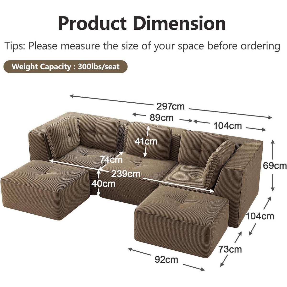 Modulares Ecksofa 3-Sitzer mit Fußhocker, Braun