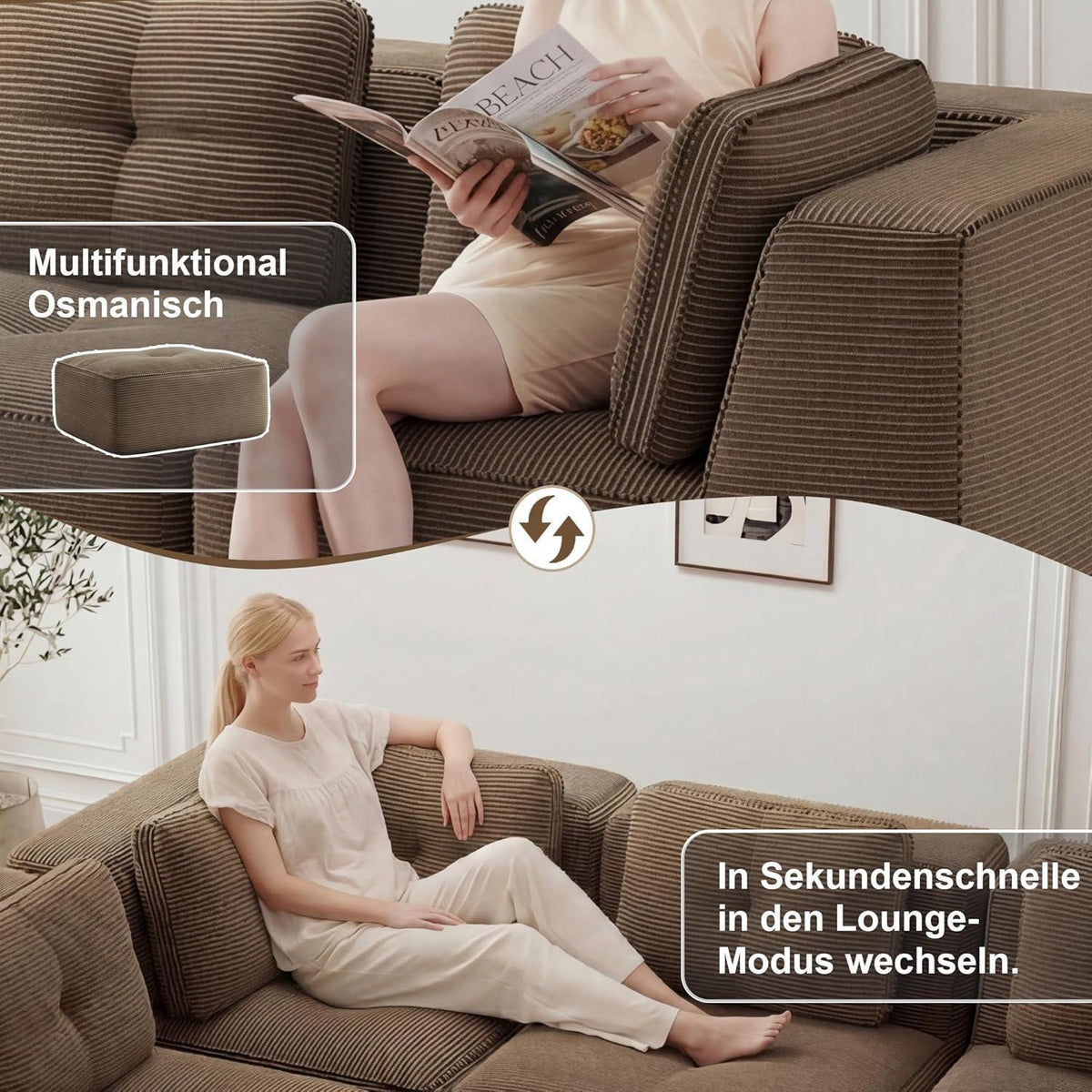 Modulares Ecksofa 3-Sitzer mit Fußhocker, Braun