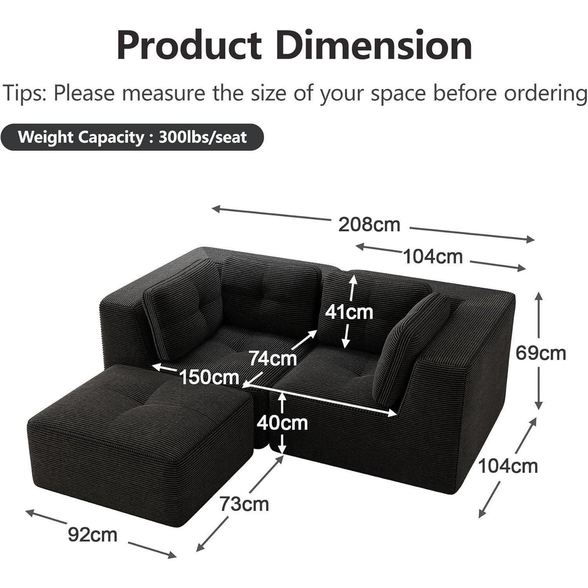 Modulares Ecksofa 2-Sitzer mit Fußhocker, Schwarz