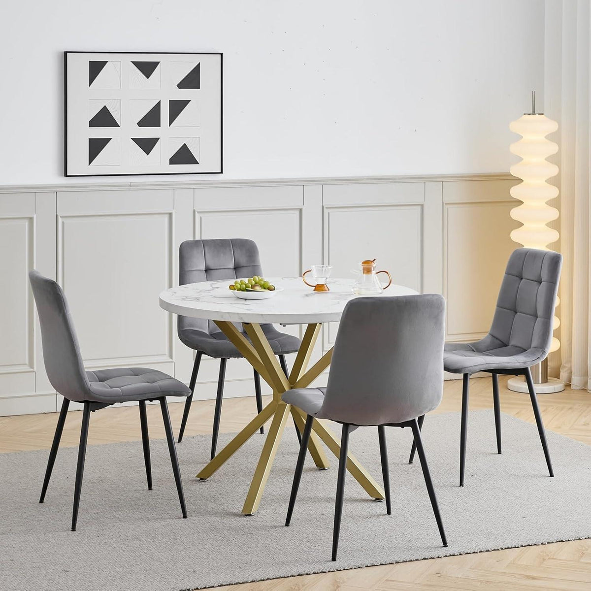 Moderner Esstisch Set mit 4 Samtstühlen – 100cm Durchmesser