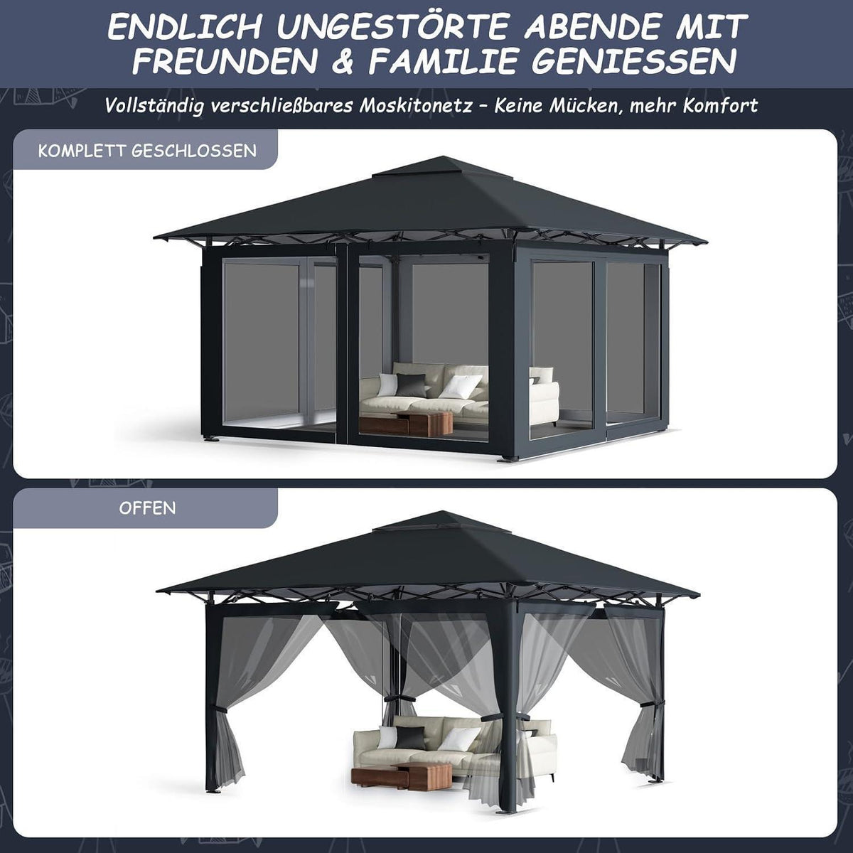 Gartenpavillon 3x3m mit Moskitonetzen & UV-Schutz