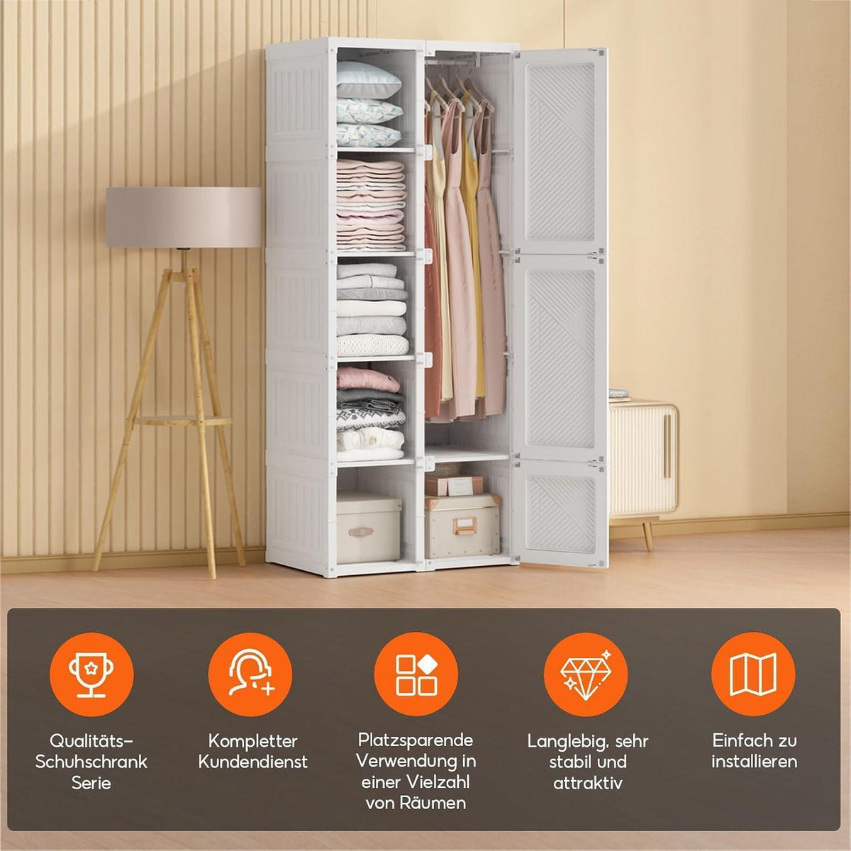 Zusammenklappbarer Kleiderschrank mit Kleiderstange & Magnettüren