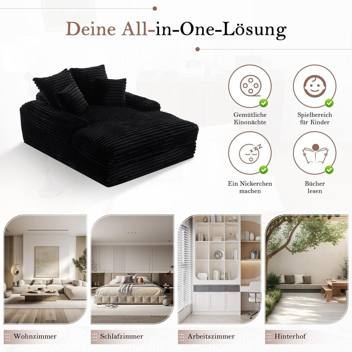 Cord Schlafsofa mit 4 Kissen – Ultraweiches Relaxsofa & Bett