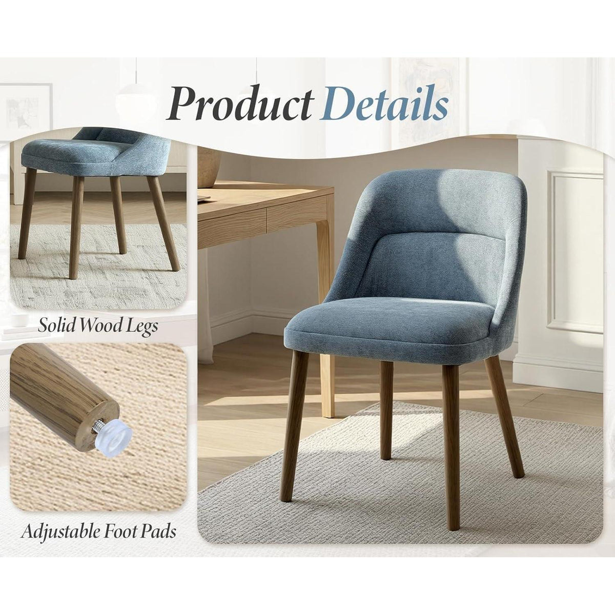 Moderner Esszimmerstuhl Set 2er mit Chenille & Lendenstütze, Blau